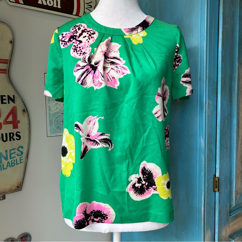 J. Crew Green Floral Patterned Pleated Short Sleeve Blouse Garden Party Spring